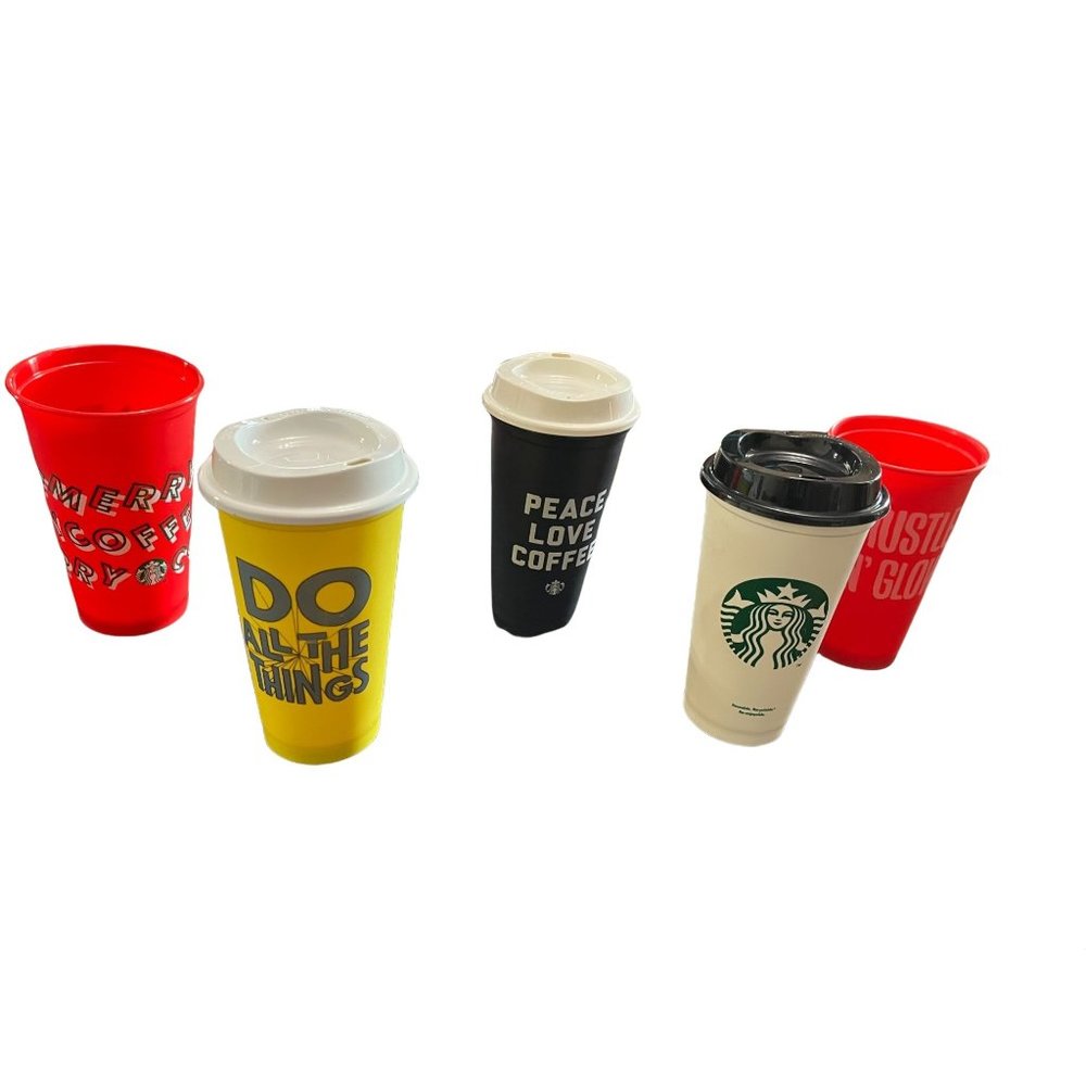 Lot of 5 Starbucks coffee cups w/ 3 lids. Peace love and coffee with others.